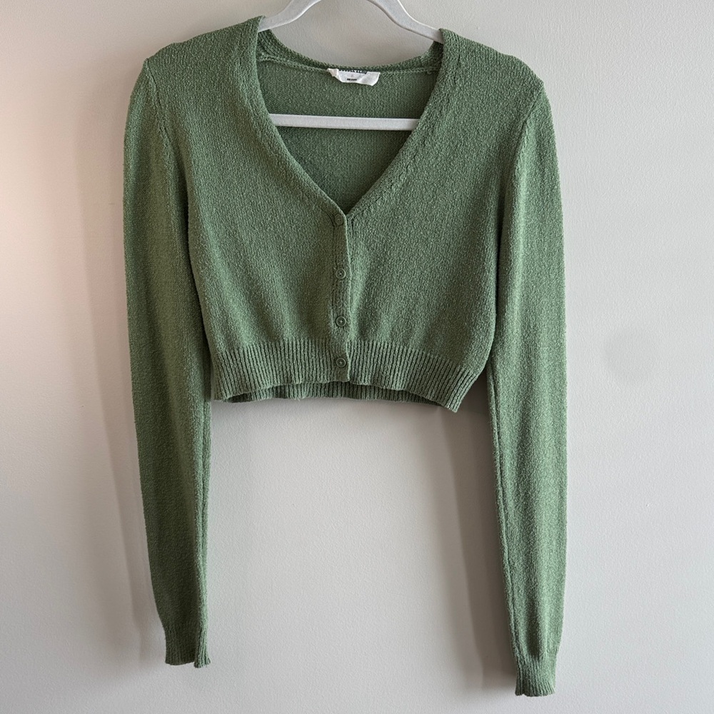 Cropped Knit Button-Front Cardigan - Sage Green - XS